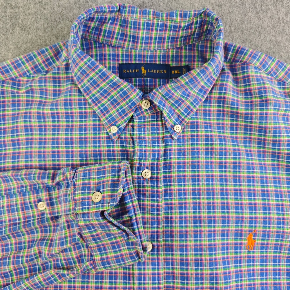 Ralph Lauren Button Down Shirt Mens XXL Blue Green Plaid Orange Pony Long Sleeve